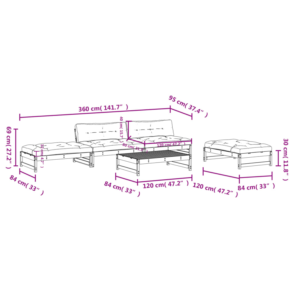 5 Piece Garden Lounge Set with Cushions Pressure Treated Pine Wood