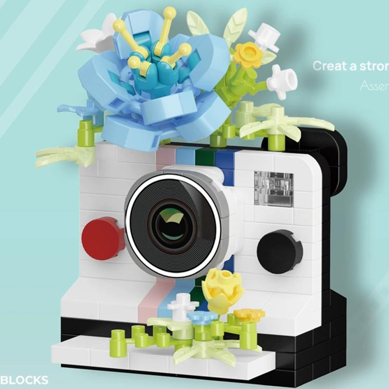 NEW DIY Camera Mirror Flower Film Retro Polaroid Rose Laurel Building Blocks Kit Girls Bricks Movie Model Kids Toy Children