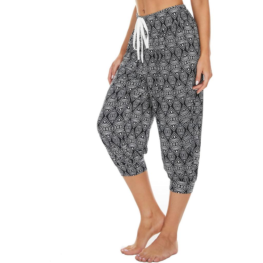 Damen Sommer Locker Retro Bedruckt Siebenhosen Jogginghose Yoga Home Jogginghose Mit Taschen