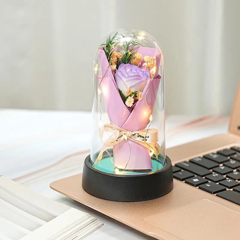 Handmade Artificial Flower Rose Sunflower Desktop Ornament with Led Lights Romantic Home Decor Gifts for Valentines Day Gift
