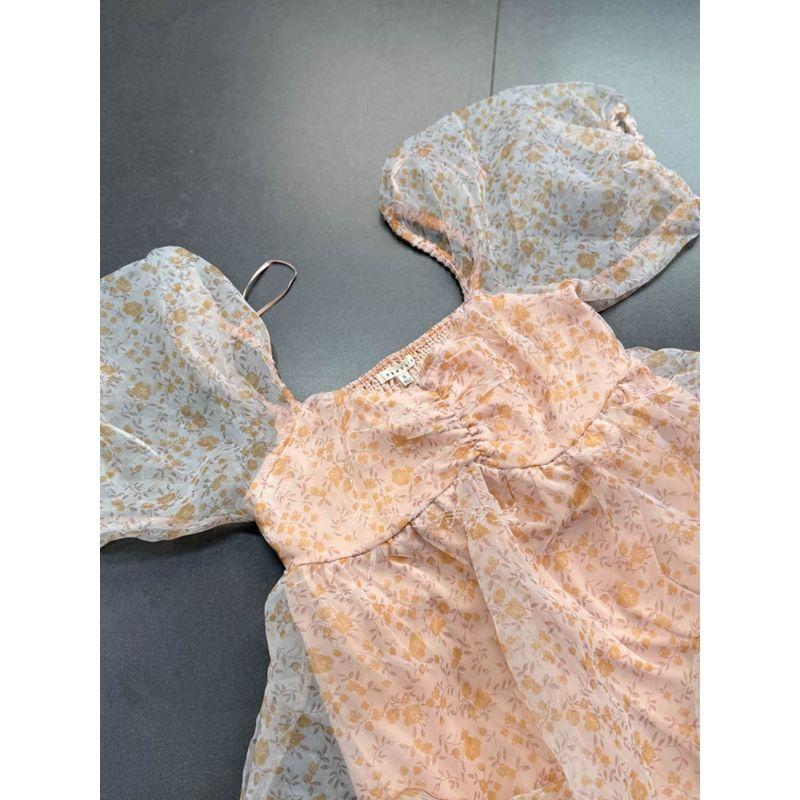 Export Single Baevely Organza Pettiskirt Dark Pattern Exquisite Square Collar Puff Sleeve Short Sleeve Dress Short Skirt