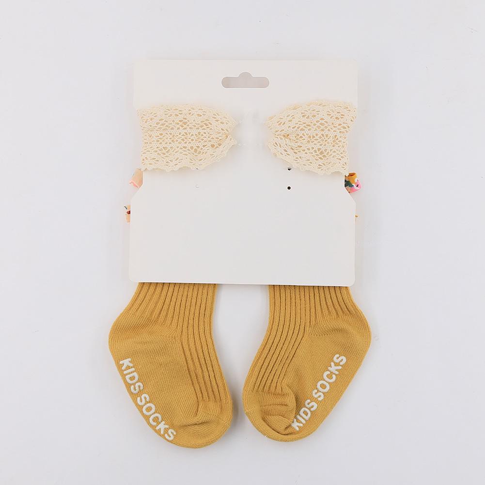 3Pcs/Lot Flower Print Bow Baby Socks Non-Slip Infant 0-12M Elastic Princess Boys Girls Long Knee Sock Lace Headband Kids Hairban