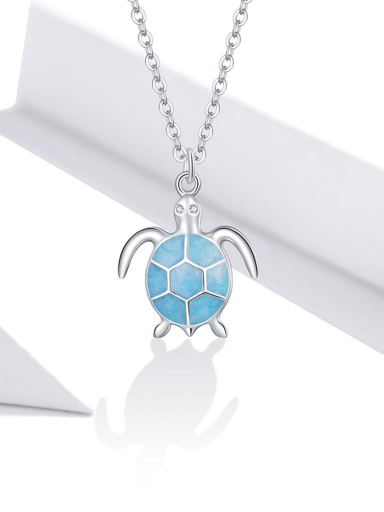 Bamoer 925 Silver Sky Blue Enamel Turtle Pendant Necklace Cute Animal Adjustable Necklace for Women Fine Jewelry SCN446