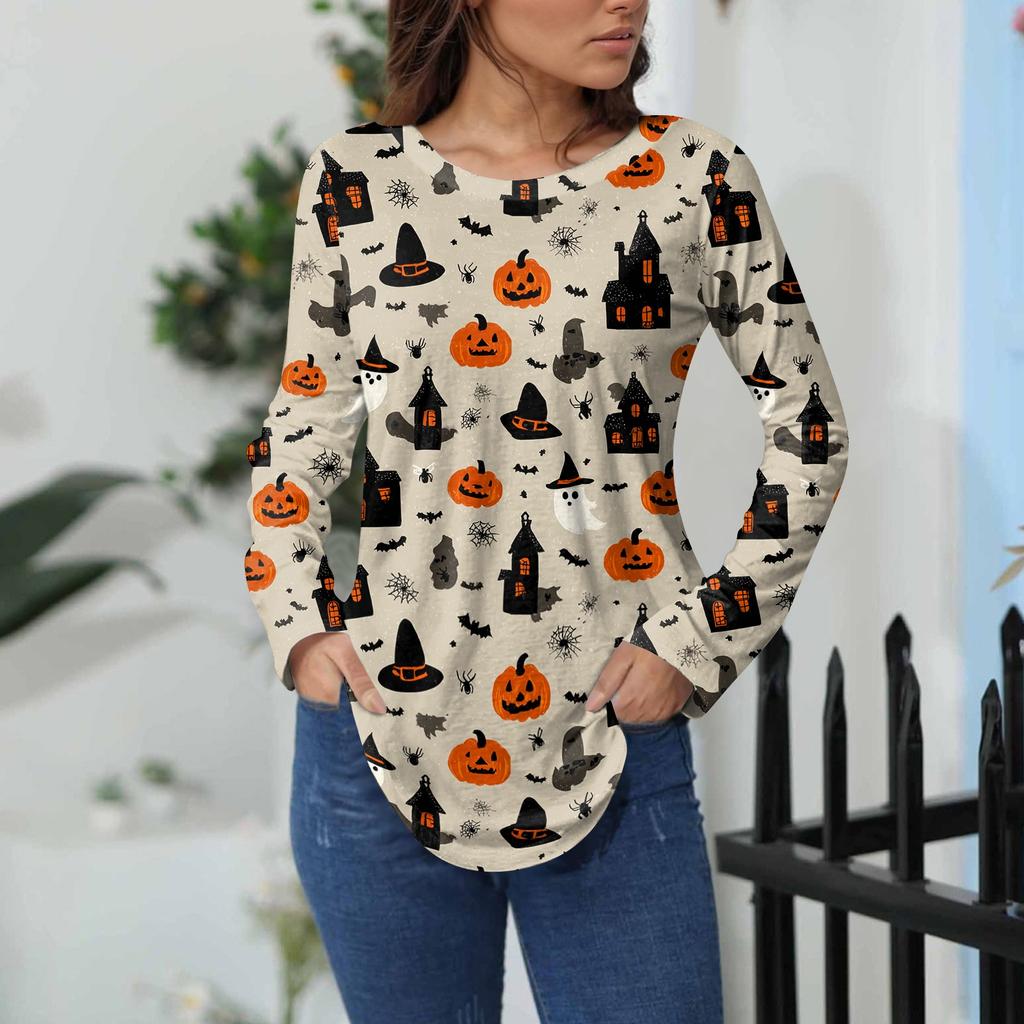 Women's Loose Fit Long Sleeve T-Shirt with Retro Halloween Print, Neck Pullover Top