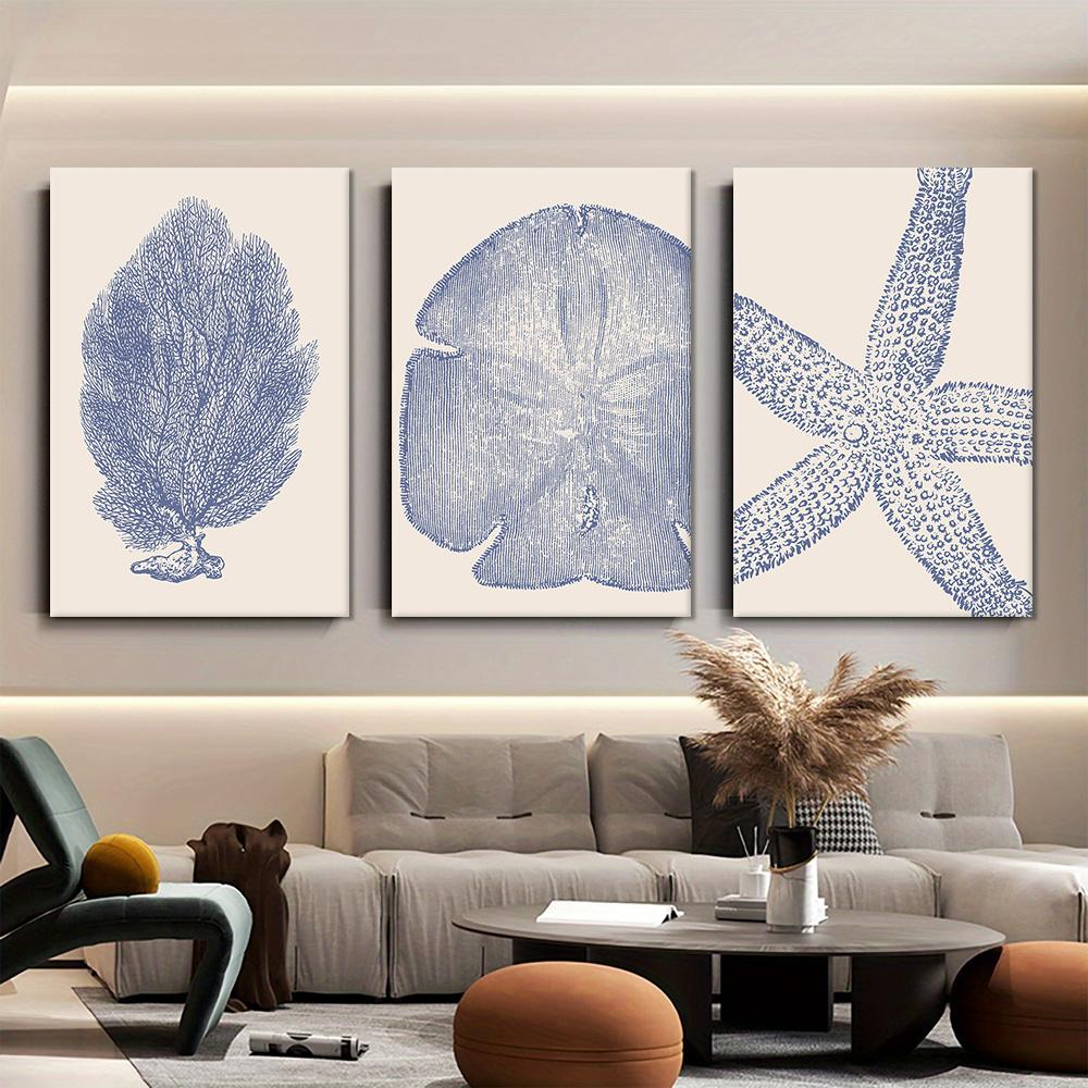3 Pieces of Mediterranean Style Blue Coral Decoration Paintings, Modern and Simple Living Room Entrance Wall Decoration Canvas P