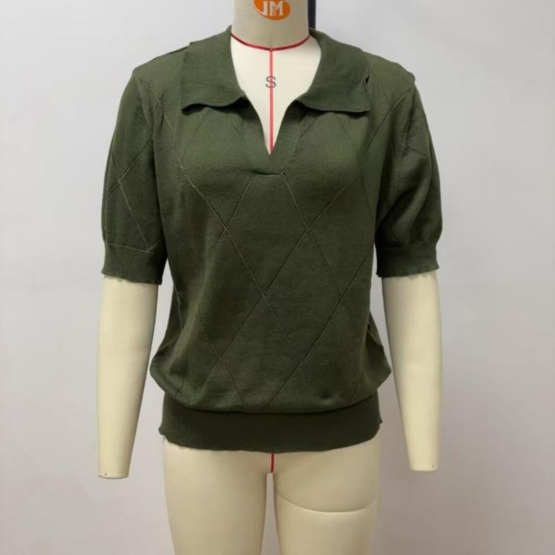 Women Summer Thin Knit Polo Collar Short Sleeve Slim Commute Top