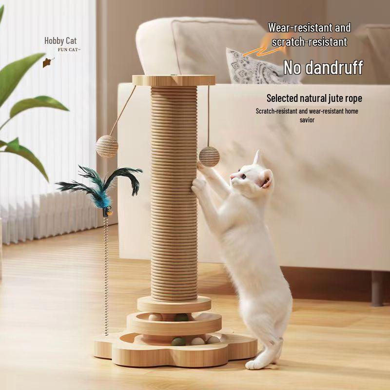Vertical Wear-Resistant Sisal Rope Cat Scratching Post with Turntable and Teaser Toys