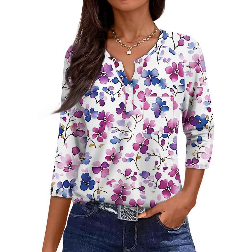 Damska Codzienna Modna Dekolt V Luźna Wszechstronna Kwiatowy Wzór Rękawy Trzyczwarte