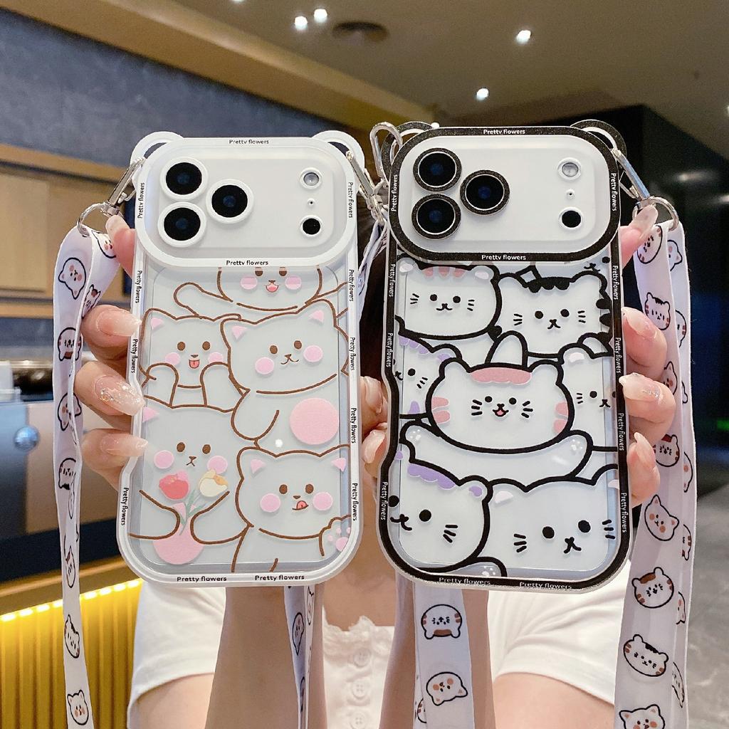 For iPhone 17 Pro Case Cute Bear Design Shockproof TPU Phone Back Cover with Shoulder Strap