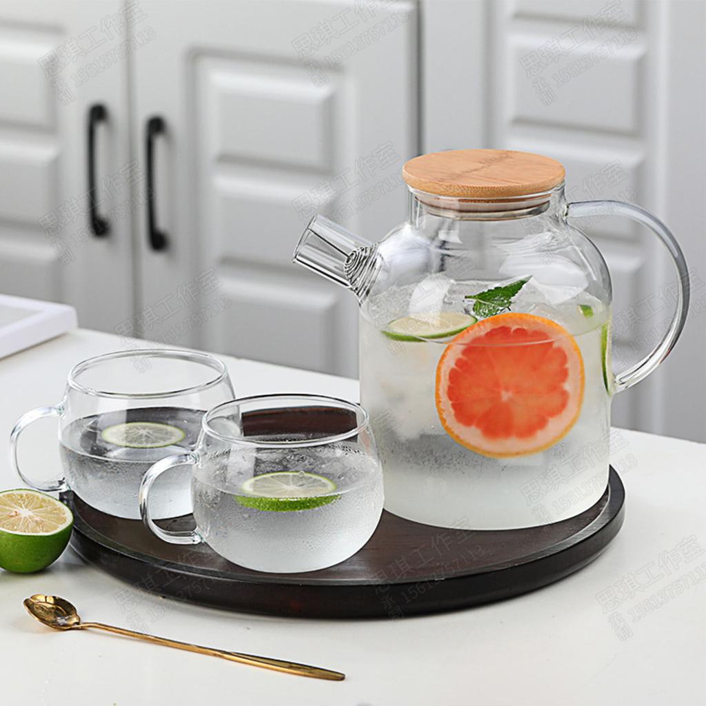 Water Pitcher 1800ml Glass Fridge Jug with Filter Whisk Wood Lid Heat Resistant Beverage Serveware for Drinks Tea Coffee