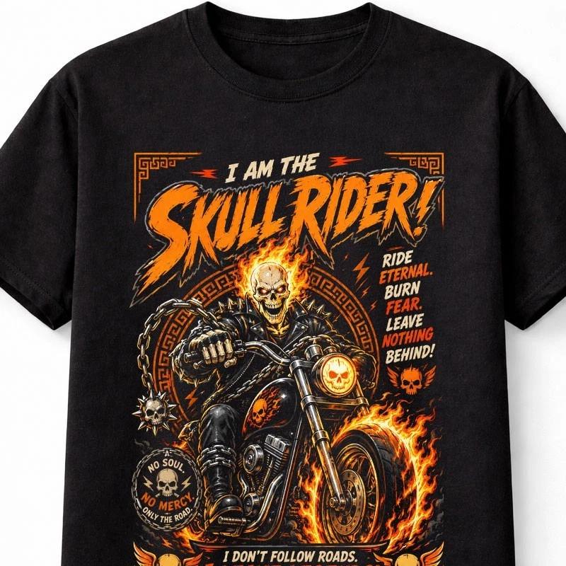 Skull Rider Flaming Skeleton Biker Motorcycle Graphic Unisex TShirt S