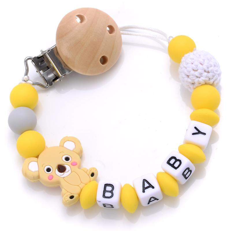 Baby Beech Teether Pacifier Clips Personalized Name Silicone Teether Geometric Crochet Beads Chain Pacifier Clips Nipple Clip
