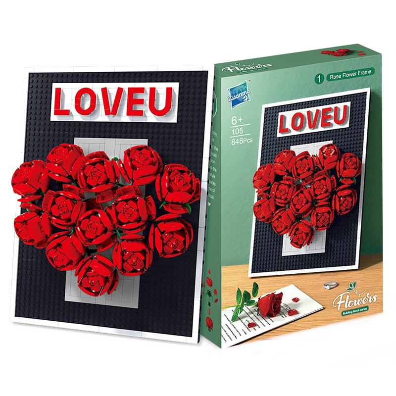 Children'S Puzzle Assembly Small Particles Building Block Flower Simulation Rose Photo Frame Building Block Toy Plant Pendant Color Box