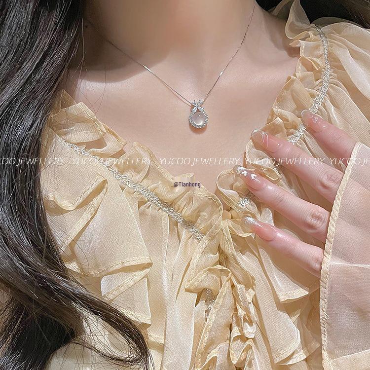 Chalcedony Bowknot 925 Sterling Silver Necklace, Light Luxury Birthday Gift for Women and Girls