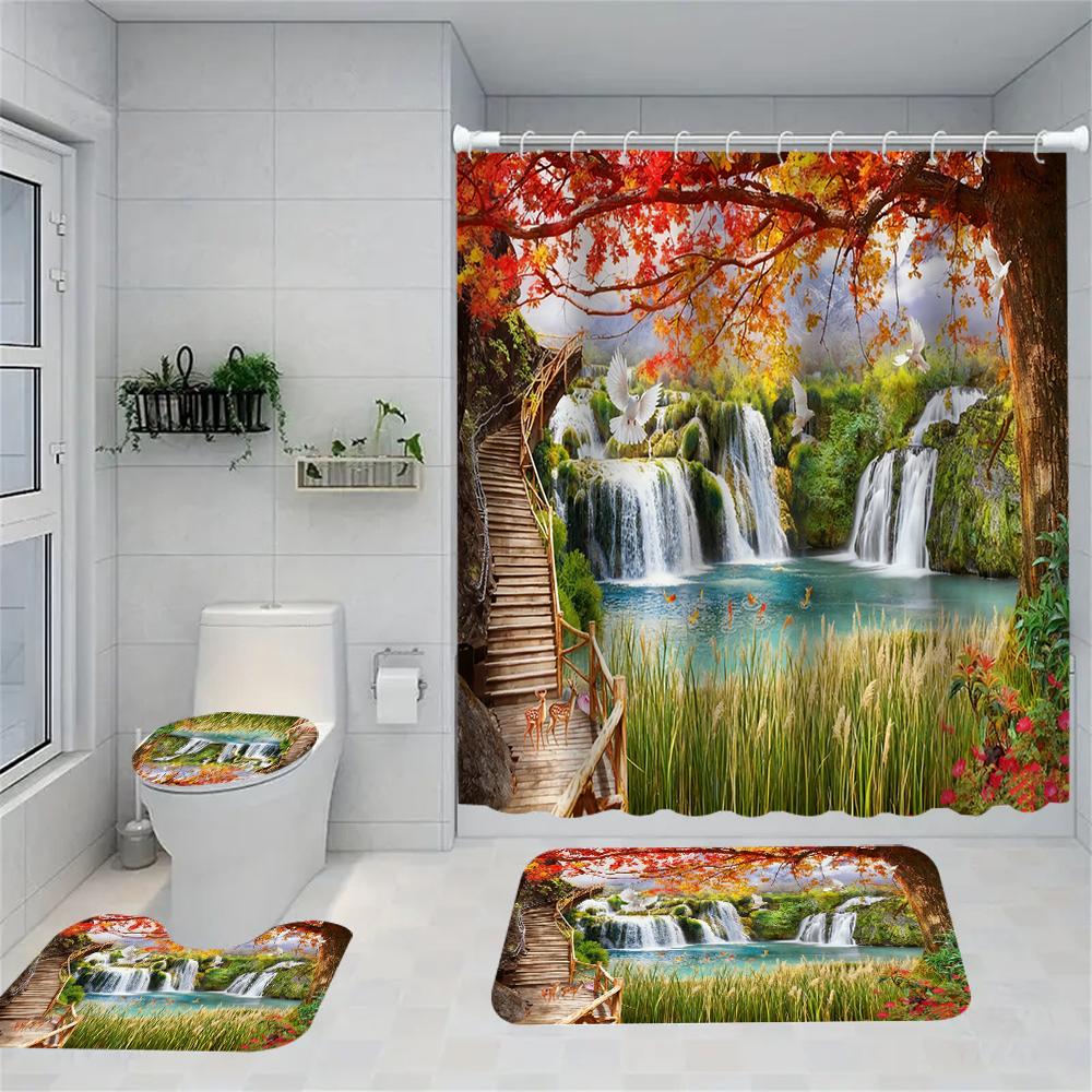 1/4 Forest Waterfall Print Shower Curtains, Toilet Seat Decoration, Shower Curtain with Carpet and Toilet Lid, 70.8x70.8 Inch