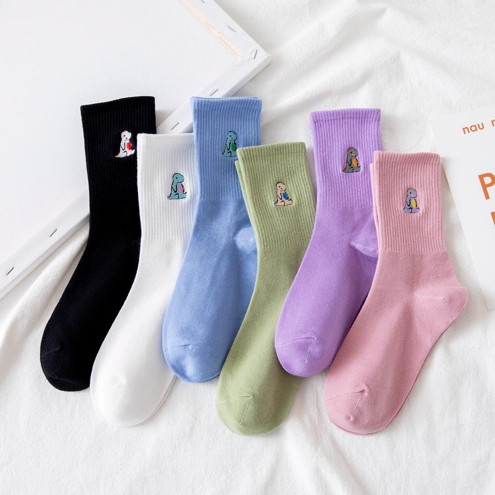 Embroidery Dinosaur Socks Fashion Woman Socks Korea Harajuku Style Kawaii Funny Cartoon Spring Autumn Female Socks Lovely Girl