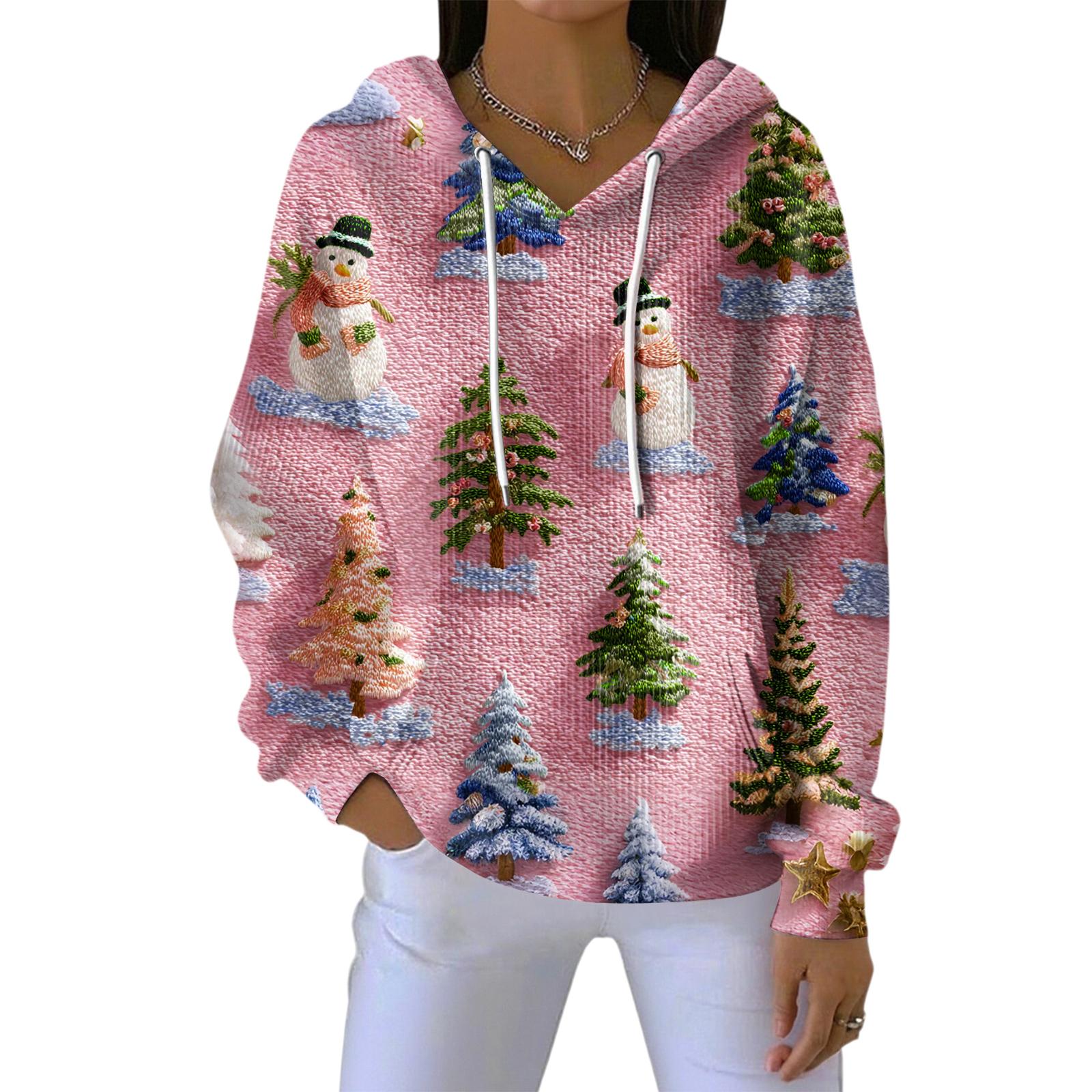 

Women s Loose Comfortable Casual Fashion V-Neck Christmas Print Long Sleeve Hoodie M рожевий