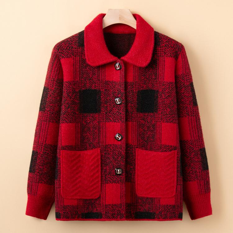 Mom Dress Stylish Lapel Knitted Jacket for Women In Spring and Autumn New Loose Plaid Cardigan Grandma Thick Top