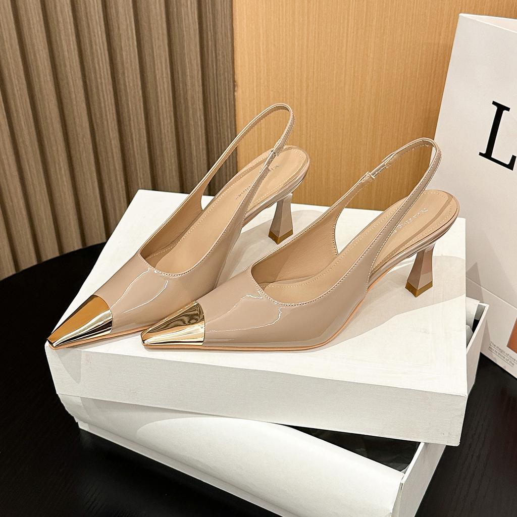 619-1 pointed patent leather high heels single shoes thin heel temperament metal toe French girl sexy back strap women's shoes