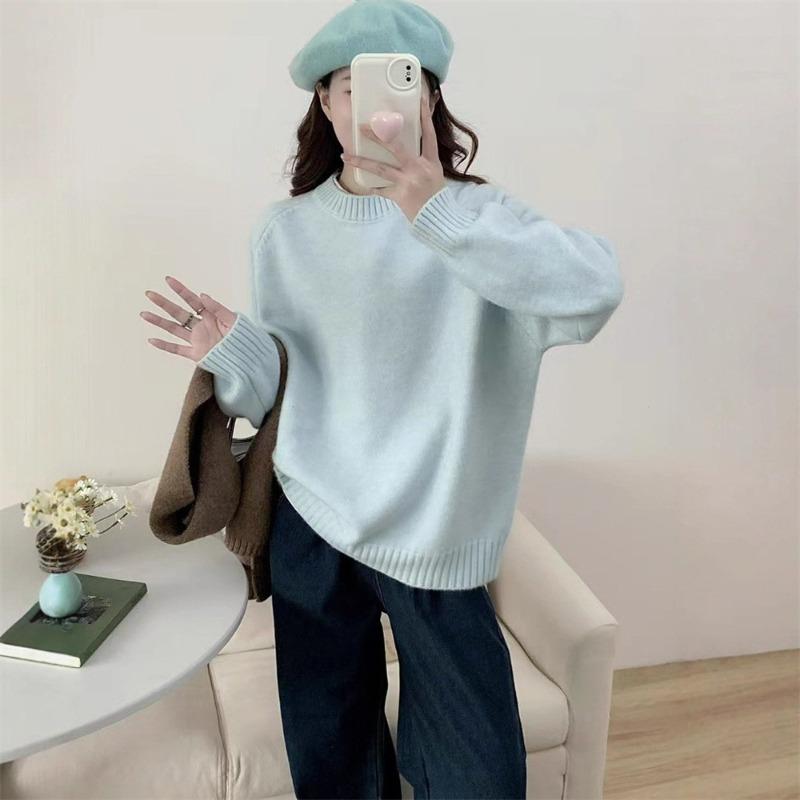 Retro soft waxy round neck pullover sweater for women to wear with autumn and winter new loose lazy wind knitted sweater top for women