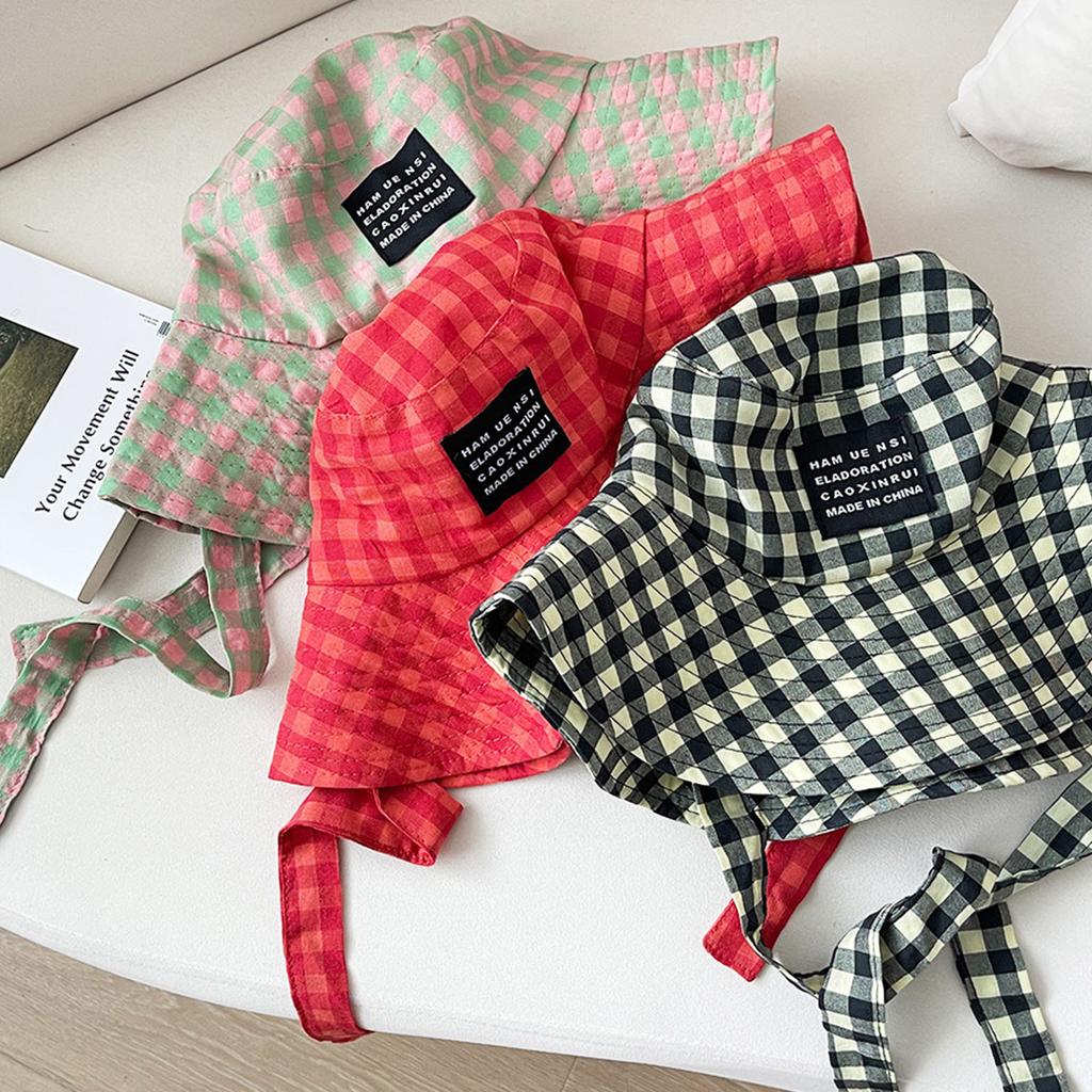 Outdoor Trendy Grids Fisherman Hats with Strap Breathable Summer Sun Protection Bucket Hats for Home Office Travel Hiking