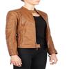 NOORA Womens Tan Brown Leather Motorcycle Biker Quilted Jacket With Zipper & Pocket | Snap On Collar |
