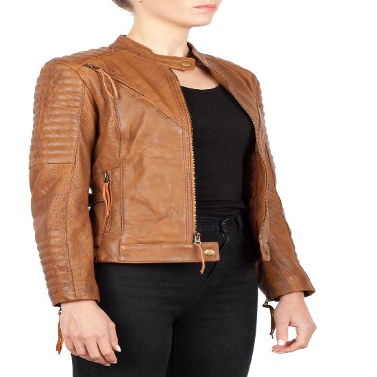 NOORA Womens Tan Brown Leather Motorcycle Biker Quilted Jacket With Zipper & Pocket | Snap On Collar |