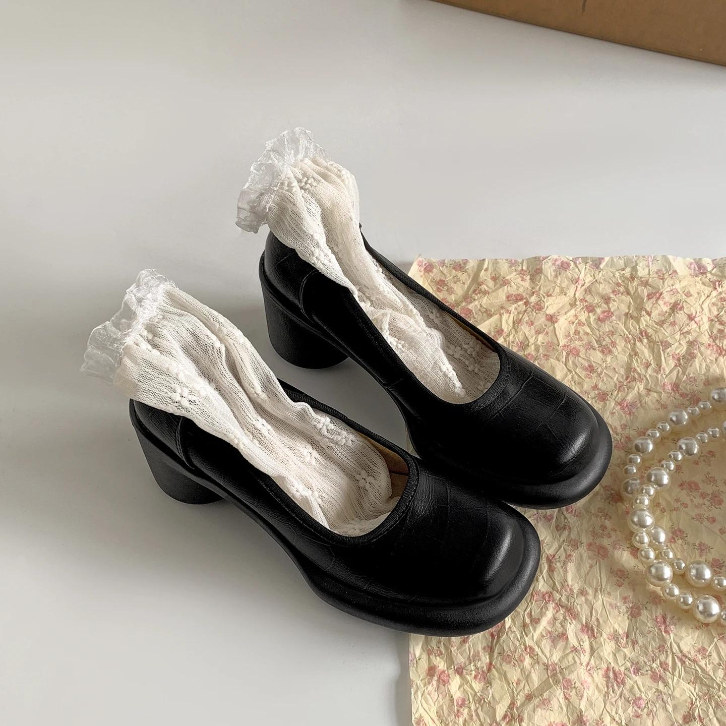 

Осенние женские туфли Мэри Джейн Модные неглубокие туфли-лодочки Слипоны Лаконичное платье Толстый каблук Женская обувь 40 чёрный