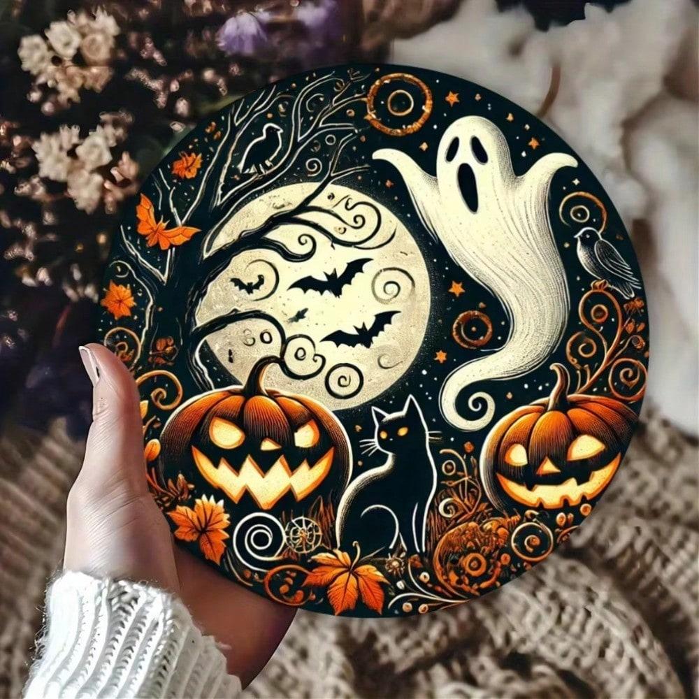 

Vintage Halloween Ghost Aluminum Sign 8x8 Inch Foil Embossed Metal Wall Art Spooky Home Decor 20x20 белый
