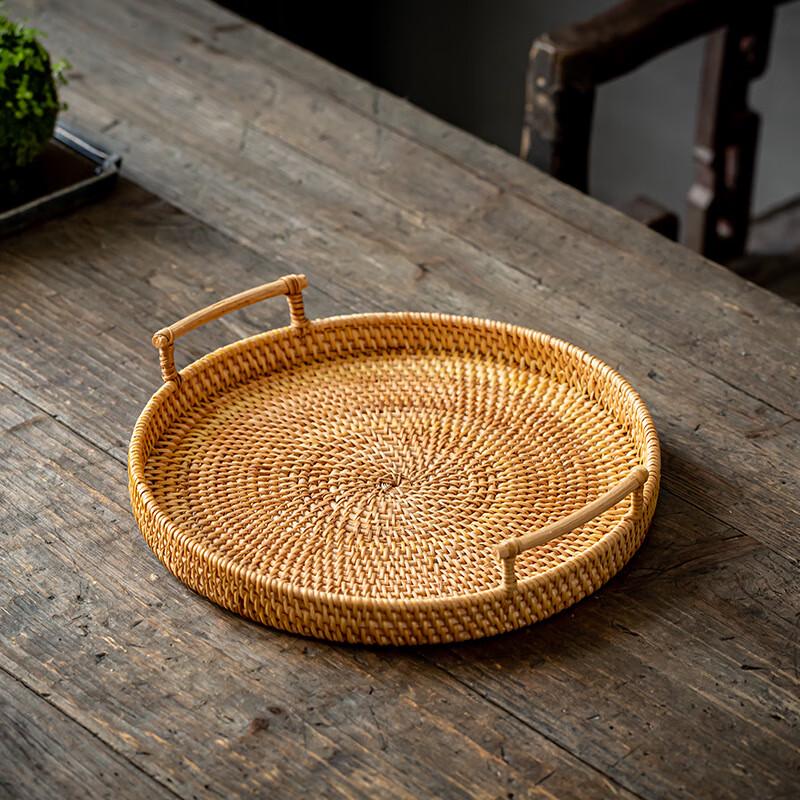 Handwoven Rattan Serving Tray with Wooden Handles