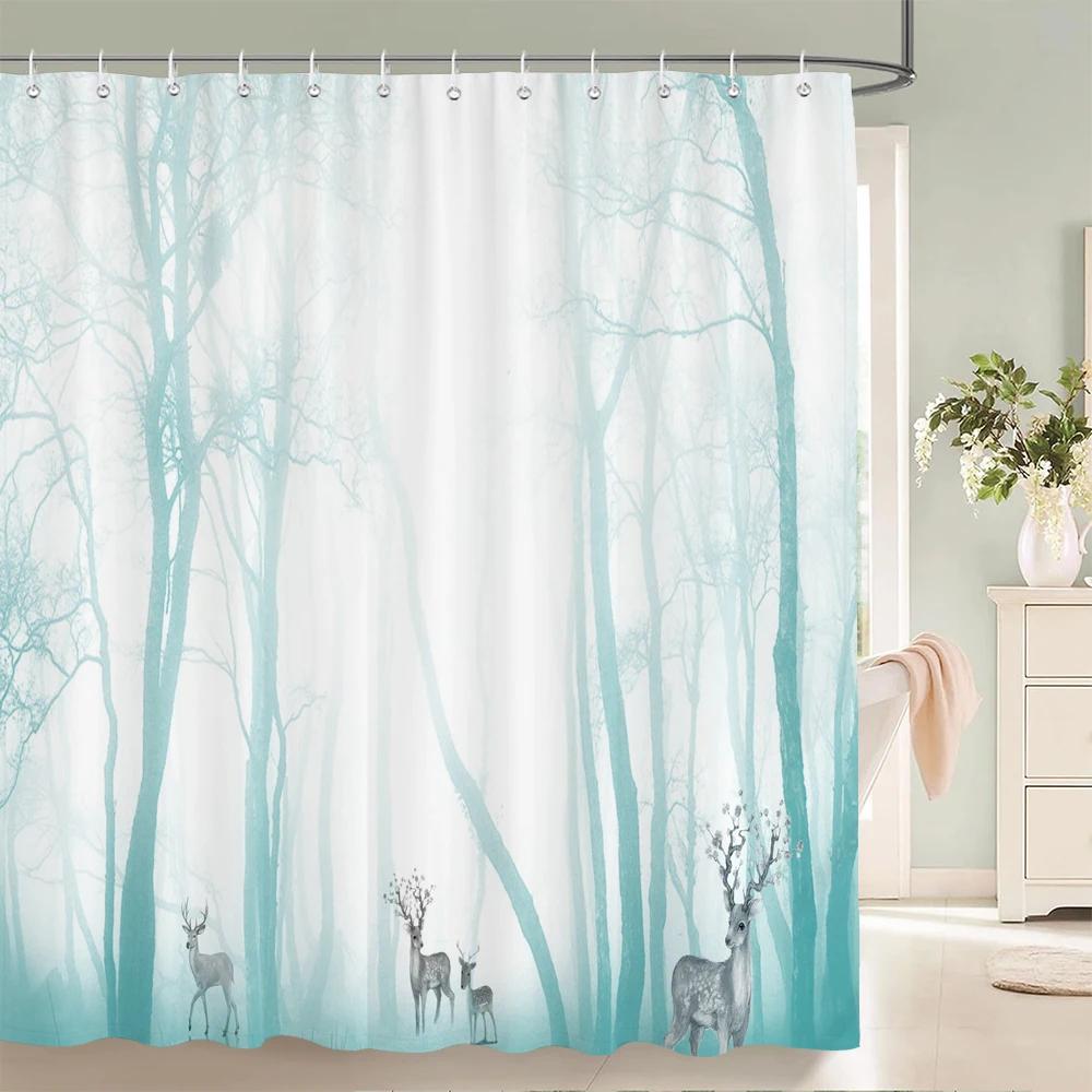 Forest Elk Deer Shower Curtain Trees Landscape Bathroom Decor Curtains Polyester Fabric Waterproof Bath Curtain With Hooks