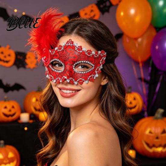 High End Ball Mask Halloween Princess Half Face Mask Venetian Masquerade Party Elegant with Lace Feather Rhinestones Adjustable Ribbon Women