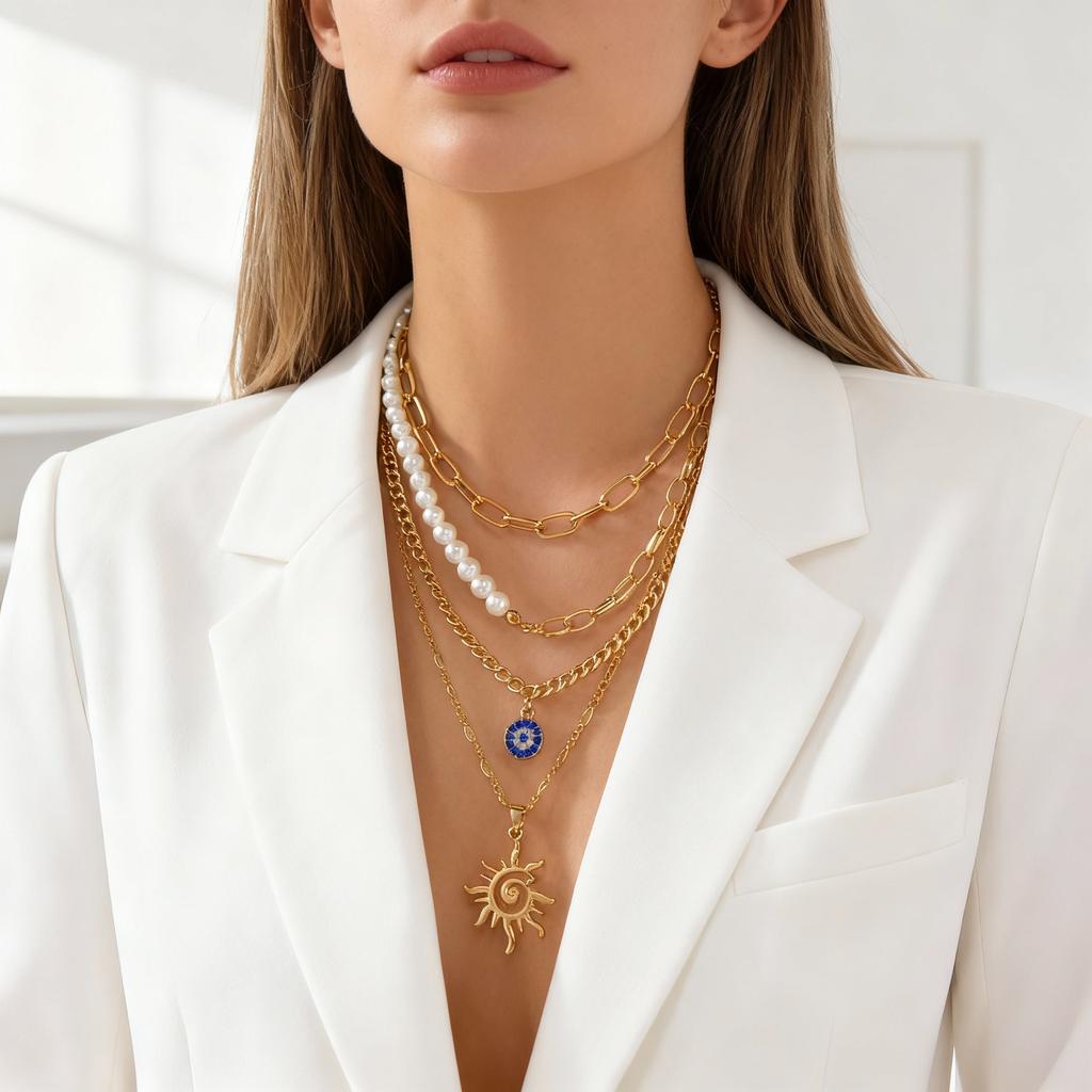 Vintage Punk Gold Plated Imitation Pearl Portrait Coin Pendant Necklace for Women Multilayer Evil Eye Palm Choker Party Jewelry