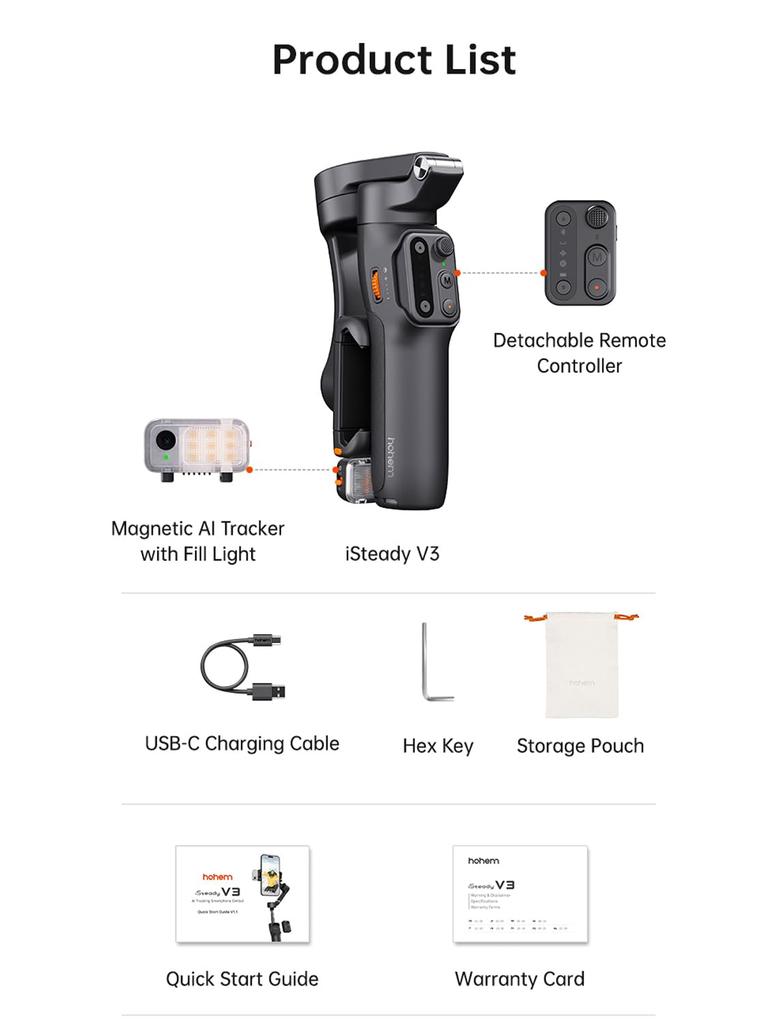 hohem V3 Smartphone Gimbal Stabilizer with Detachable AI Tracker Remote Selfie Stick Foldable Fill Light 110 Lux for Android iPhone Black