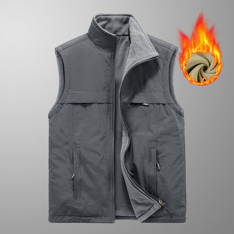 Autumn and Winter Middle-aged Men's Vest Velvet Dad Sleeveless Stand-up Collar Multi-pocket Quick-drying Vest Wearing Vest On Both Sides