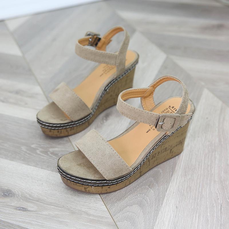 Summer new high-heeled sandals open-toe sexy suede waterproof table thick-soled wedge heel one-word buckle