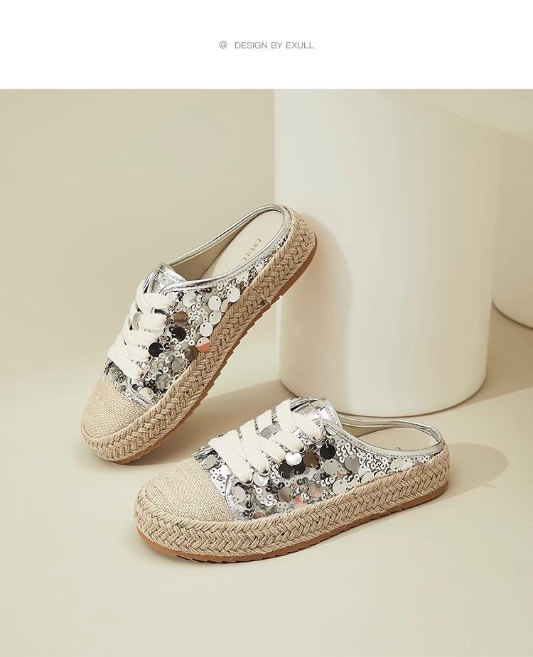 

Fashion sequined bag head half slippers women s 2025 summer new thick-soled straw rope fisherman shoes without heel sandals 40