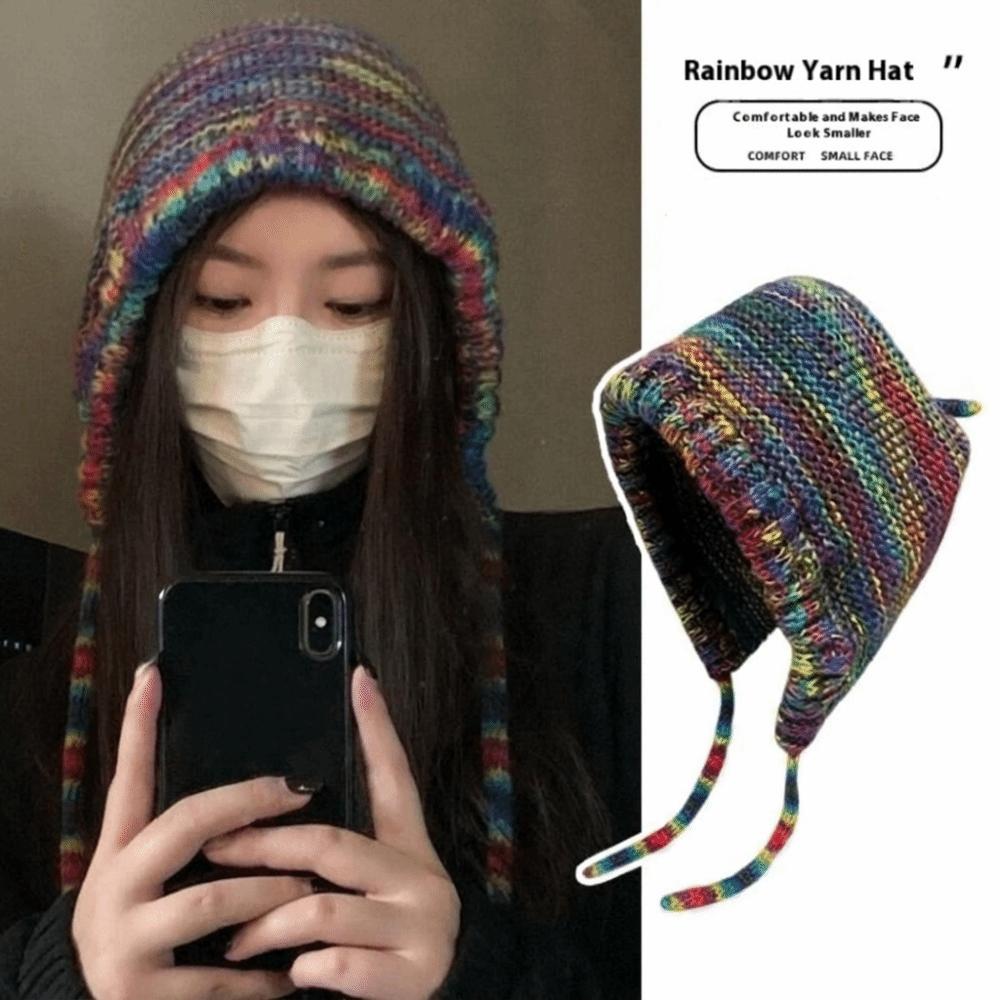 Gradient Wool Crochet Cap Rainbow Striped Winter Bucket Hat Thick Warm Ear Cap  For Women