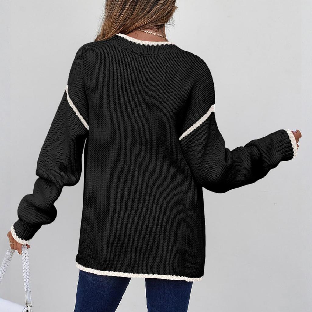 Women's Fashion Color Blocked Round Neck Long Sleeved Knitted Sweater Pullover Sweater Top