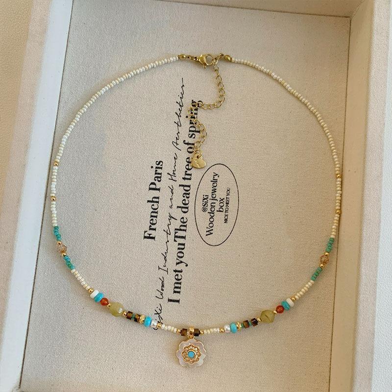 Sunflower Beaded Necklace - Elegant and Fashionable - Small Pearl - Natural Stone - Collar Chain - Necklace