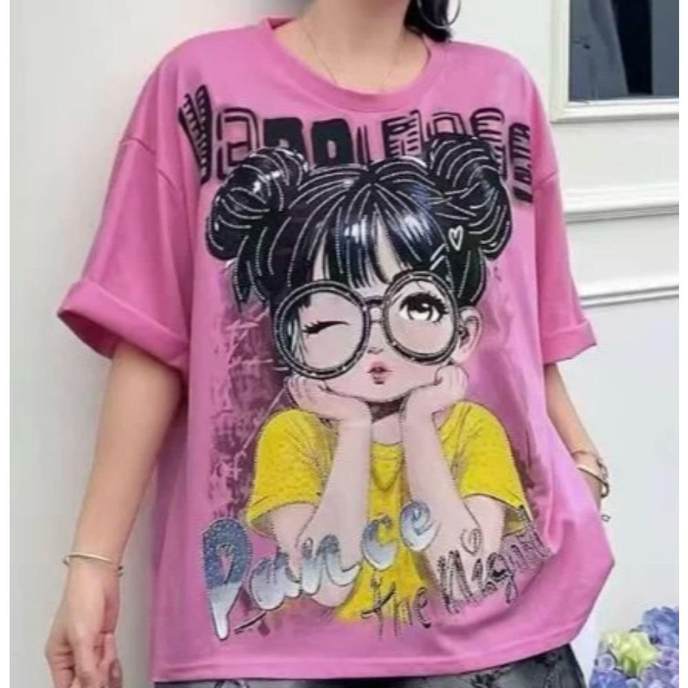 Women s T-shirt with age-reducing cartoon letter print, crew neck loose short-sleeve summer top XXS