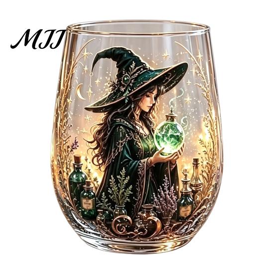 Creative Holiday Gift Fantasy Witch Glass Tea Cup, Gothic Crystal Ball Pattern Tumbler for Halloween Party Glassware Wine Juice, 320ml Vintage