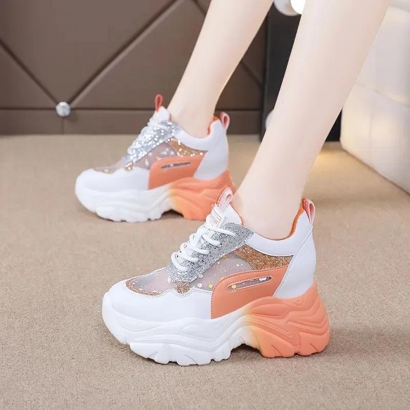 Fashion Shoes for Women Platform Shoes Autumn Women Casual Mesh Breathable Lace-up Sequin Sneakers Wedges Sports Non-slip Shoes