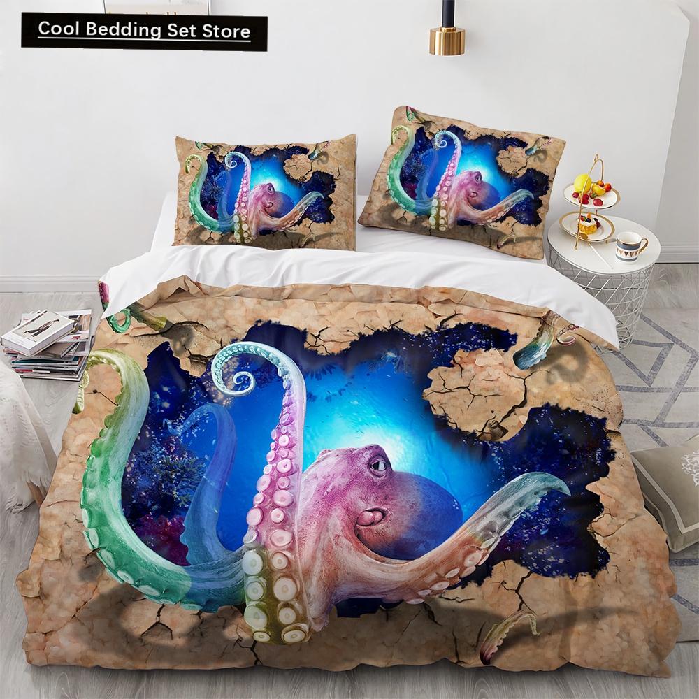 3D Octopus Duvet Cover King Queen Size Cute Cartoon Ocean Animal Bedding Set for Kids Teens Sealife 2/3pcs Polyester Quilt Cover