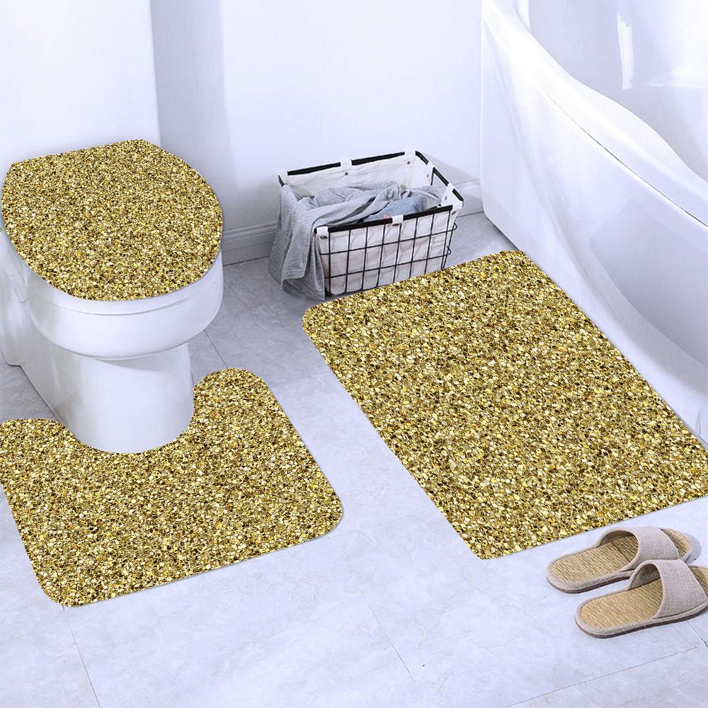 Sparkling Golden Red Shower Curtain Set with Non-Slip Rugs Toilet Lid Cover and Bath Mat Glitter Shower Curtain Bathroom Decor