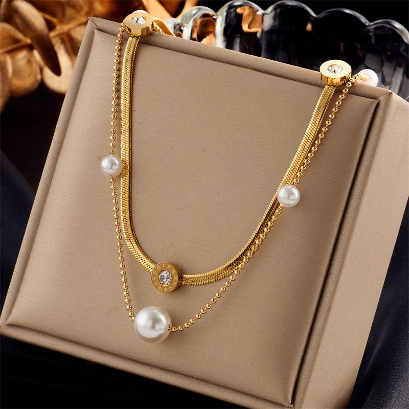 18K Gold Plated Double Layer Herringbone Necklace with Pearl CZ, Dainty Snake Chain Choker, Adjustable Jewelry for Women Daily Wear Gift золотой