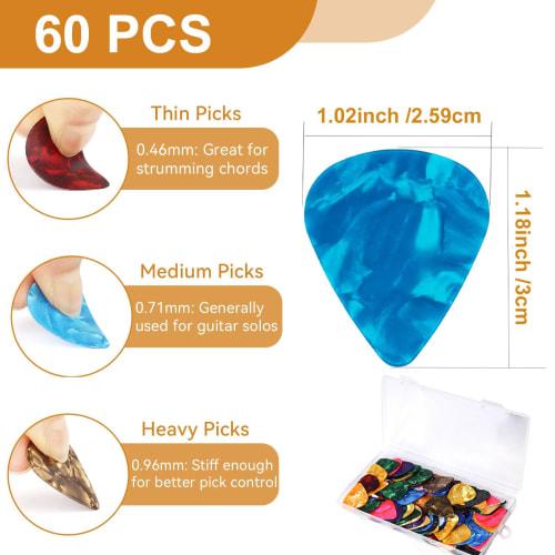60 Colorful Celluloid Guitar Picks with Organizer Storage Box, 3 Different Thickness Picks (0.46mm, 0.71mm, 0.96mm, Random Colors) for Electric Bass,