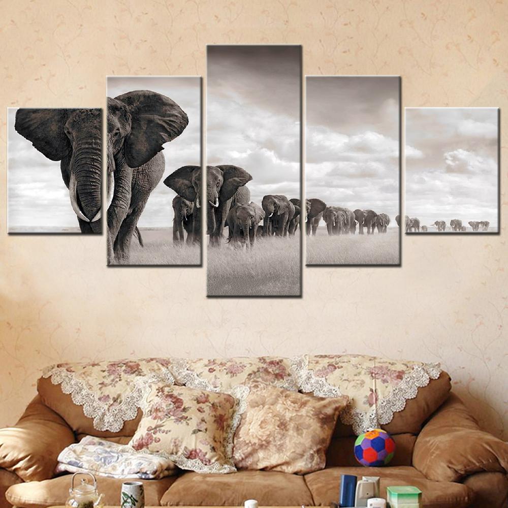 5 Panels Canvas Wall Art Poster Painting Elephant Walking On The Grassland Home Decor Modular Picture Print Living Room Artwork No Frame