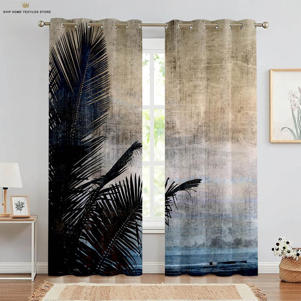 Tropical Vegetation Leaf Print Curtains, Polyester Fiber, Nordic Style Curtains, Suitable for Bedroom, Living Room, Decoration
