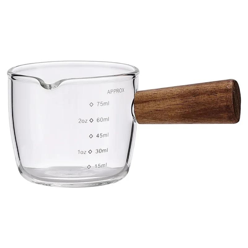 Wood Handle Glass Espresso Cup with Extraction Measuring Cup, Marked Milk Jug, Western-style Sauce Ladle